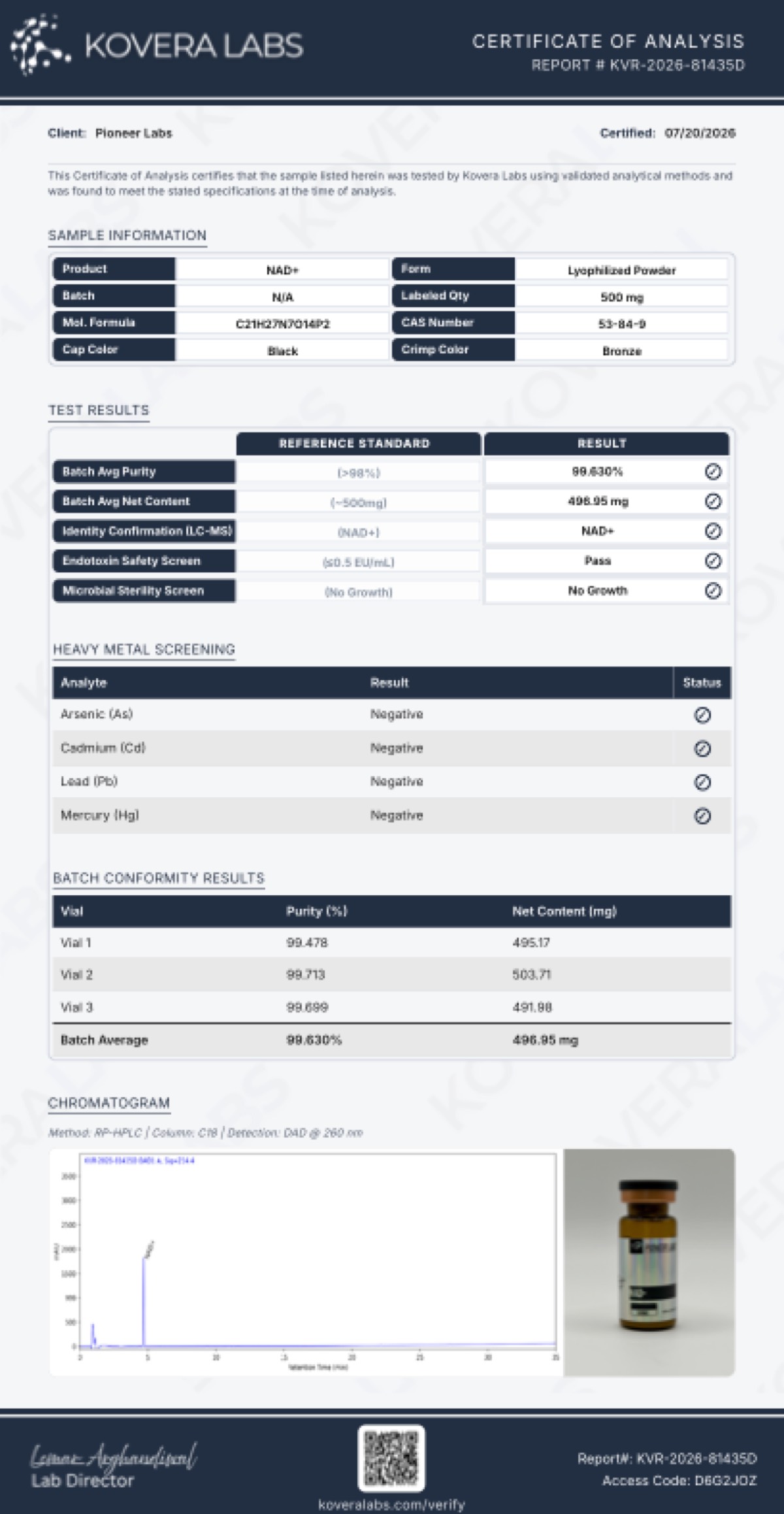 First page of the COA for NAD+ – 500 MG