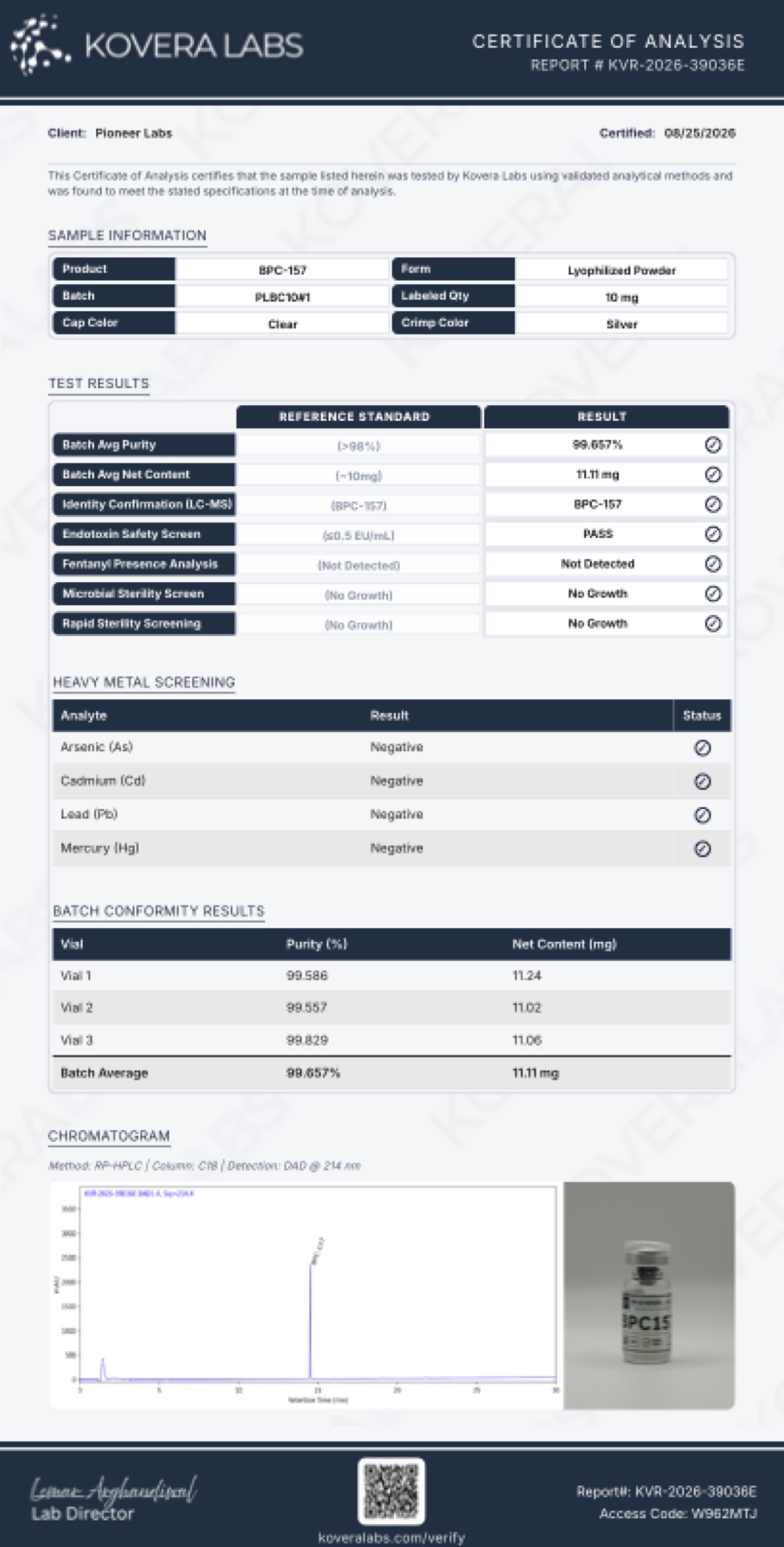 First page of the COA for BPC-157 – 10 MG