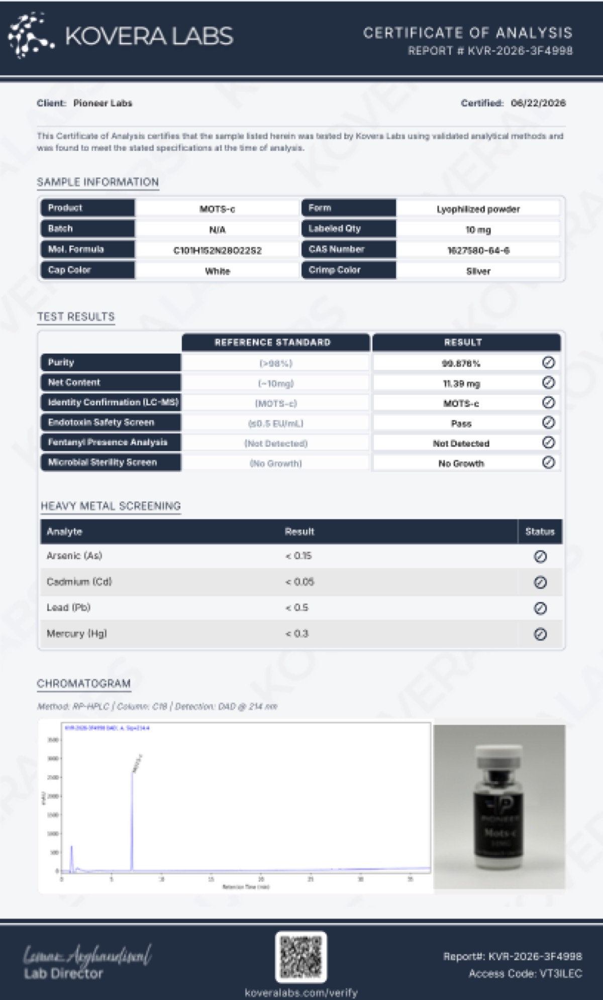 First page of the COA for MOTS-C – 10 MG