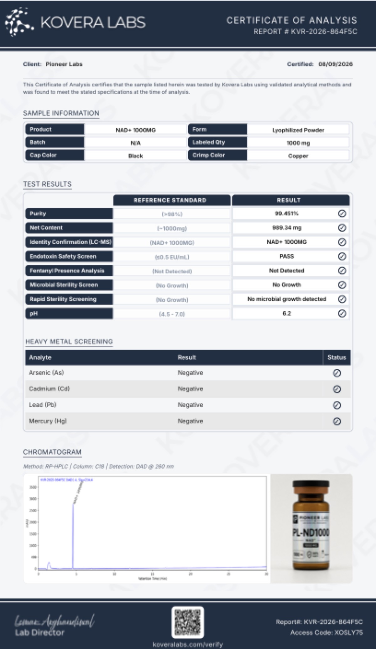 First page of the COA for NAD+ – 1000 MG
