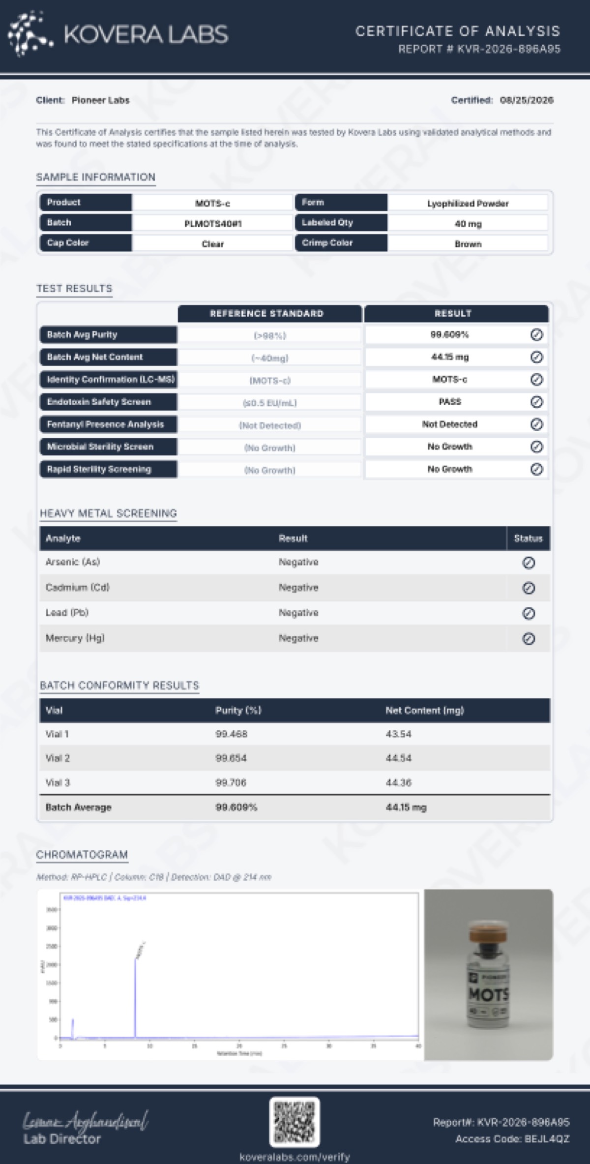 First page of the COA for MOTS-C – 40 MG