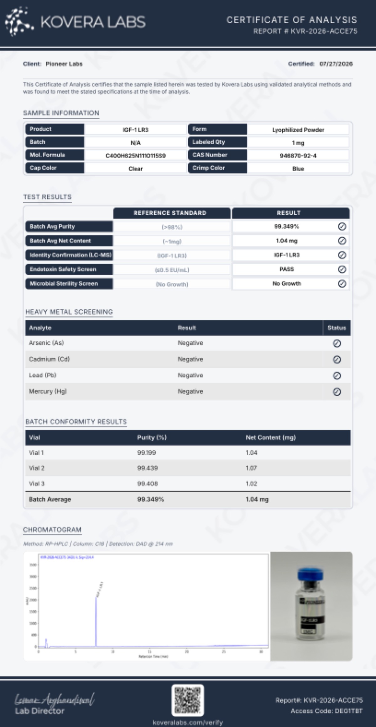 First page of the COA for IGF-1 LR3 – 1 MG
